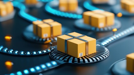 Export, trade and demand concept. A digital illustration of yellow shipping boxes on a conveyor belt, representing efficient logistics and modern delivery systems.