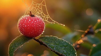 Red crabapple covered with dewdrops, attached to a spiderweb on a branch. Use for themes like nature, fresh starts, beauty, or delicate ecosystems.