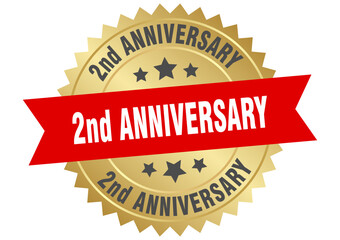 2nd anniversary. 2nd anniversary round red and gold label isolated on transparent background