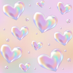 3d holographic retro 90 seamless pattern. Chrome Hearts in Y2K style on Pink, Orange gradient  background. Future galaxy aesthetic, 3D chrome bubble art. Metal glossy abstract art.