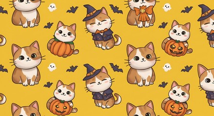 Obraz premium Cute Cats Halloween Seamless Pattern