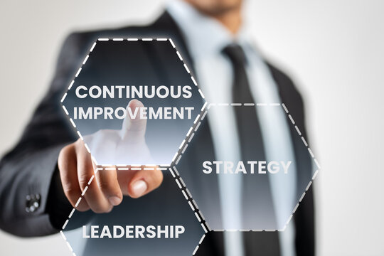 Continuous improvement concept and businessman touching buttons.