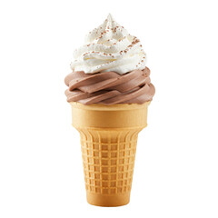 Delicious ice cream cone with chocolate and vanilla swirls on a white background