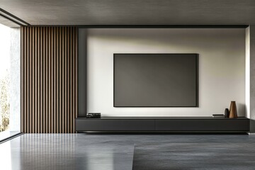 Modern Minimalist Living Room with Blank Wall Frame, Marble Flooring, Ocean View, and Soft Natural Lighting Stunning 3D Rendering for Elegant Contemporary Interior Design and Home Styling