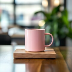 Fototapeta premium Minimalist Office with Pink Mug on Wooden Base