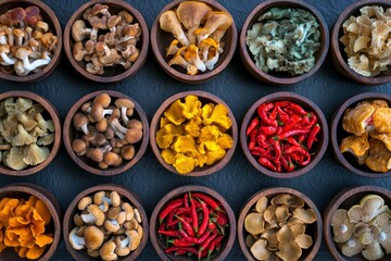Collection of Fresh Mushrooms of Various Types in Wooden Bowls Arranged on a Dark Background Showcasing Textures Colors and a Rich Gourmet Aesthetic Perfect for Culinary Still Life