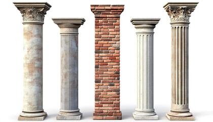 Obraz premium Several roman-style pillars, two brick pillars, three stone pillars, the top is decorated with exquisite carvings.