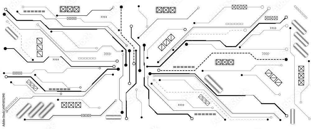 Aufkleber Abstract CPU processor or semiconductor with Power icon with glowing pixels on technology circuit board. Technology background with crossed lines and dots.