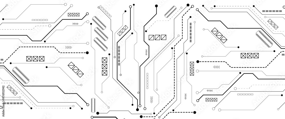 Poster Abstract digital technology futuristic internet network speed connection white and black background. Technology background with crossed lines and dots.
