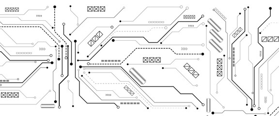 Abstract CPU processor or semiconductor with Power icon with glowing pixels on technology circuit board. Technology background with crossed lines and dots.