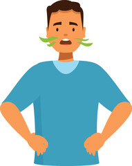 Young man with bad breath exhaling green vapor, halitosis problem, dental care concept