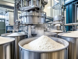 Stainless-steel containers filled with white powder and machine dispensing in factory.