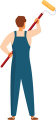 Professional house painter holding paint roller getting ready to paint a wall, seen from behind, home renovation and decoration service concept