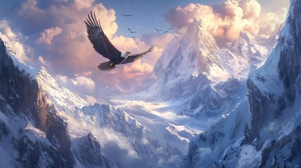 Majestic eagle soaring over a breathtaking snowy mountain landscape at sunset, with vibrant clouds and distant peaks creating a serene atmosphere