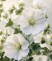 White hollyhock in bloom with petals, green stamens, buds, leaves on pure background.