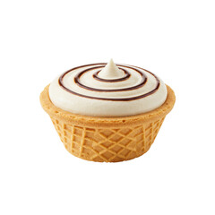 Delicious dessert featuring a creamy swirl atop a waffle cone in a simple setting