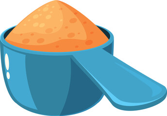 Blue plastic measuring spoon or scoop holding a serving of orange flavored sports nutrition supplement powder