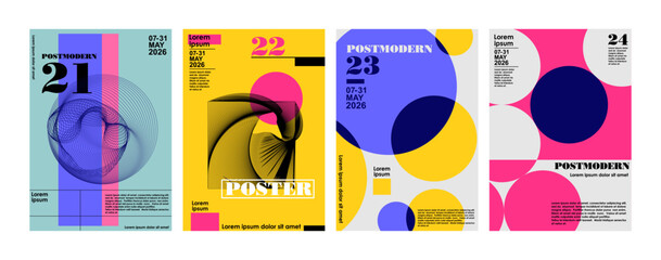Artworks, posters inspired postmodern of vector abstract dynamic symbols with bold geometric shapes Engraving illustrations and typography. Background images for cover, banner, poster. T-shirt print