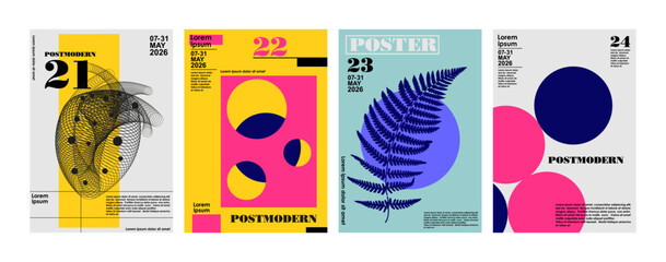Artworks, posters inspired postmodern of vector abstract dynamic symbols with bold geometric shapes Engraving illustrations and typography. Background images for cover, banner, poster. T-shirt print