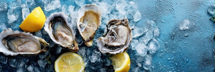 Fototapeta premium Fresh Oysters on Crushed Ice With Lemon Wedges Ready to Be Enjoyed at a Seafood Feast by the Coast