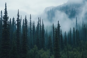Misty Mountain Forest Dark Evergreen Trees Nature Landscape Scenery fog fir sky pine calm view image