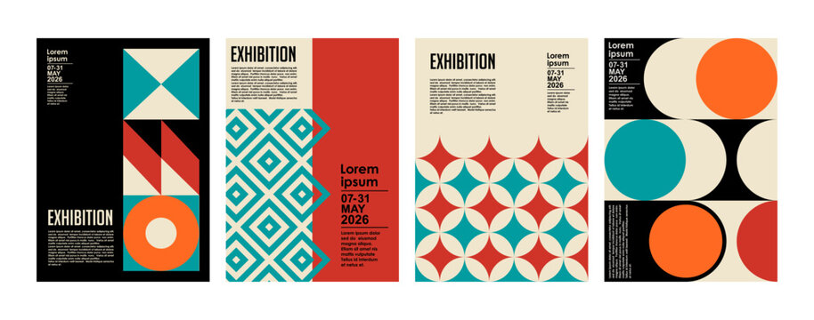 Art exhibition posters with abstract painting design. Vector vertical banners, invitation flyers to museum or gallery with trendy creative background with colorful patern blobs and drawn shapes.