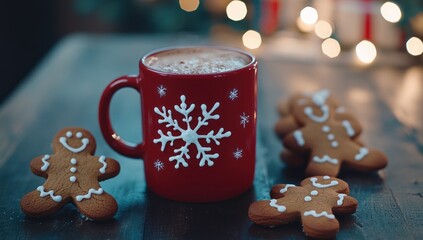 Festive cocoa delight: Warm beverage with gingerbread men in soft bokeh setting