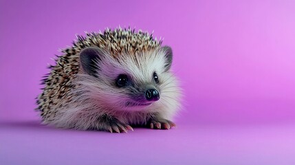 Adorable hedgehog with soft fur on a vibrant pink background.