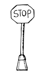 Stop sign on a pole vector hand-drawn traffic sign and symbols.