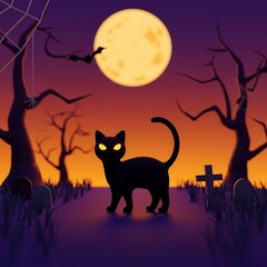 Halloween Black Cat Silhouette in Spooky Night Scene