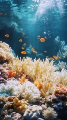 Obraz premium Underwater coral reef scene with orange fish in sunlight