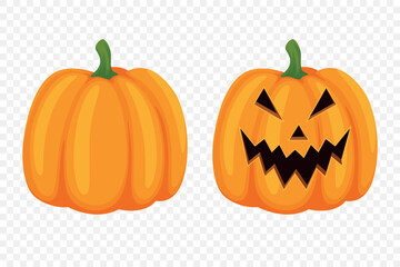 Vector Cartoon Pumpkins Collection with Carved Faces. Flat Colorful Pumpkin Stickers Set. Design Templates for Halloween, Fall, Harvest. Cute and Fun Simple Pumpkin Illustrations