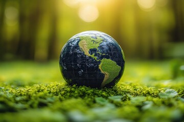Earth globe on vibrant green moss with blurred background, sunlit. Use for sustainability, ecology, or environmental awareness projects.