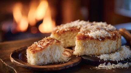 Warm dessert delight. A fluffy, coconut-sprinkled cake slice served next to a cozy fireplace, perfect for a comforting indulgence.