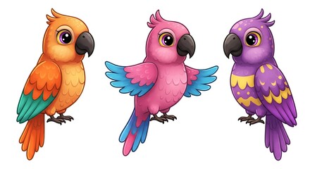 Fototapeta premium Three Cute Cartoon Parrots Illustration Set