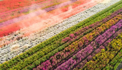 Aerial View of Vibrant Flower Fields in Rows under a Soft, Dreamy Haze