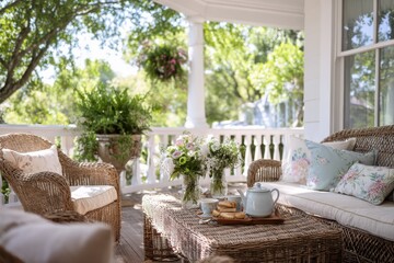 Fototapeta premium Wicker furniture on porch with garden view