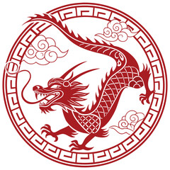 Traditional Chinese Dragon Silhouette with Zodiac Symbols and Fire Motifs – Bold Vector Art for Lunar New Year Celebrations