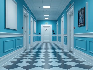 Blue hallway with white door and black & white checkered floor. Perfect for design, architecture, or hotel related projects.