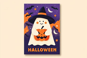 A art poster with bold flat shapes showing a smiling ghost holding a jack-o&rsquo;-lantern and wearing a witch hat, surrounded by bats and stars, vibrant Halloween palette
