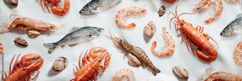 Aufkleber seafood pattern design featuring various types of seafood on a white background for a culinary or ar