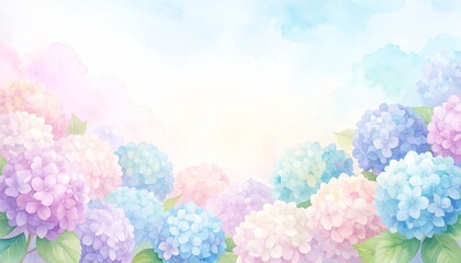 Fototapeta premium パステルカラーのあじさいの水彩タッチのフレーム。AIで生成 