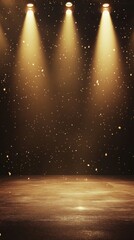 Golden Stage with Three Spotlights Shining Down Glittering Particles and Abstract Background Creating an Elegant Atmosphere for Shows and Performances