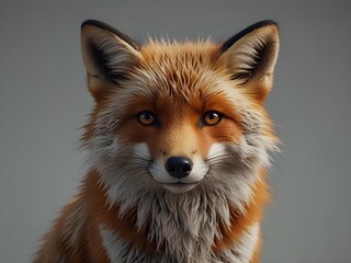 Close up of a red fox with orange eyes looking forward. Fox has orange and white fur with black tipped ears. The background is grey.