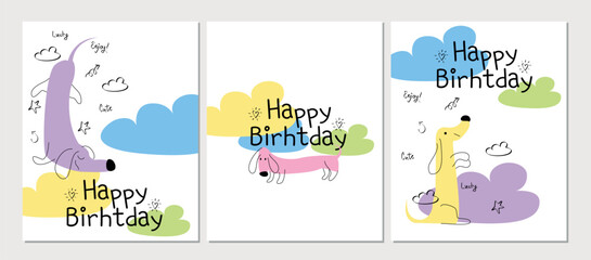 Vector set of happy birthday cards with funny dog dachshund in pastel colors. Vector greeting card with cute dog and clouds, print for factory textiles.