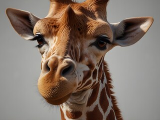 Close up of a giraffes head and neck, showcasing its distinctive brown and white patterned coat, prominent eyes, ears, and facial features against a neutral background.