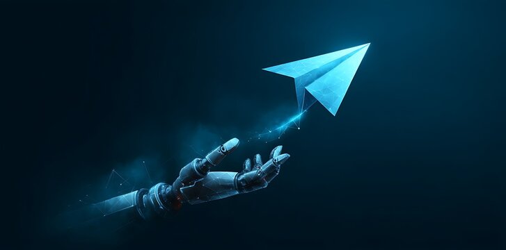 Futuristic robotic hand launching paper airplane innovation technology concept art