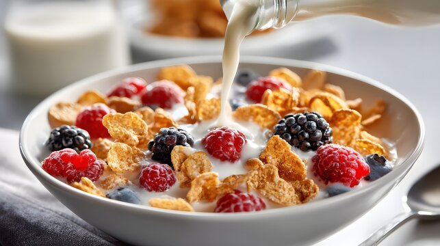 A bowl of cereal topped with fresh berries and milk being poured in makes a great breakfast food and is colorful and fun.