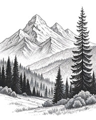 Hand-Drawn Mountain and Forest Scenery in Vector Style