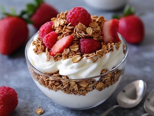 Bowl with yogurt, granola, raspberries and sliced strawberries close up. Perfect for breakfast ads, health & wellness, or recipe blogs.